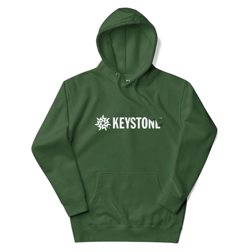 Mtns Co Keystone Hoodie in dark green with white Keystone Resort logo, featuring a front pouch pocket and hood.