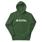 Mtns Co Keystone Hoodie in dark green with white Keystone Resort logo, featuring a front pouch pocket and hood.