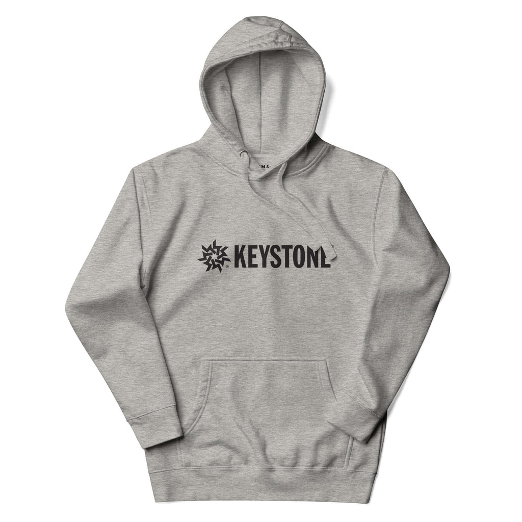 Mtns Co Keystone Hoodie in grey with a black Keystone Resort logo, featuring a front pouch pocket and three-panel hood