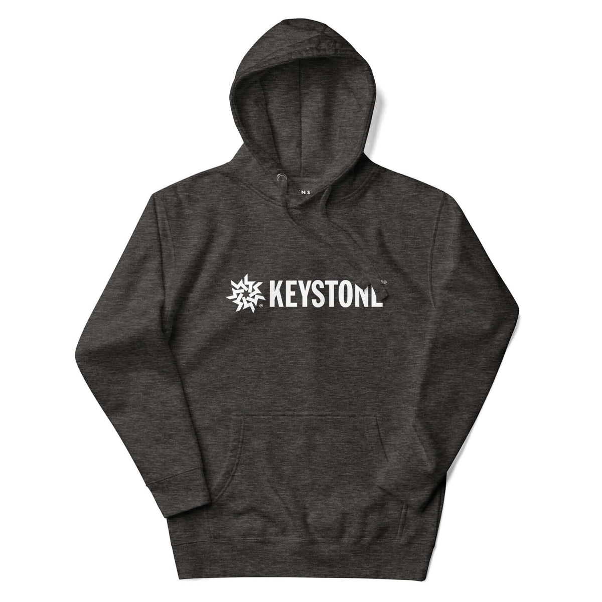 Mtns Co Keystone charcoal grey hoodie with white logo, featuring a three-panel hood and front pouch pocket.