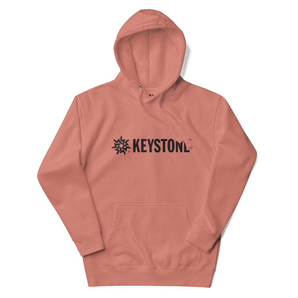 Mtns Co Keystone Hoodie in dusty rose featuring a black Keystone Resort logo, three-panel hood, and front pouch pocket