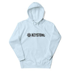 Mtns Co Keystone Hoodie in light blue with a black Keystone Resort logo, front pouch pocket, and three-panel hood.