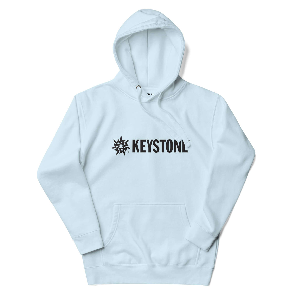 Mtns Co Keystone Hoodie in light blue with a black Keystone Resort logo, front pouch pocket, and three-panel hood.