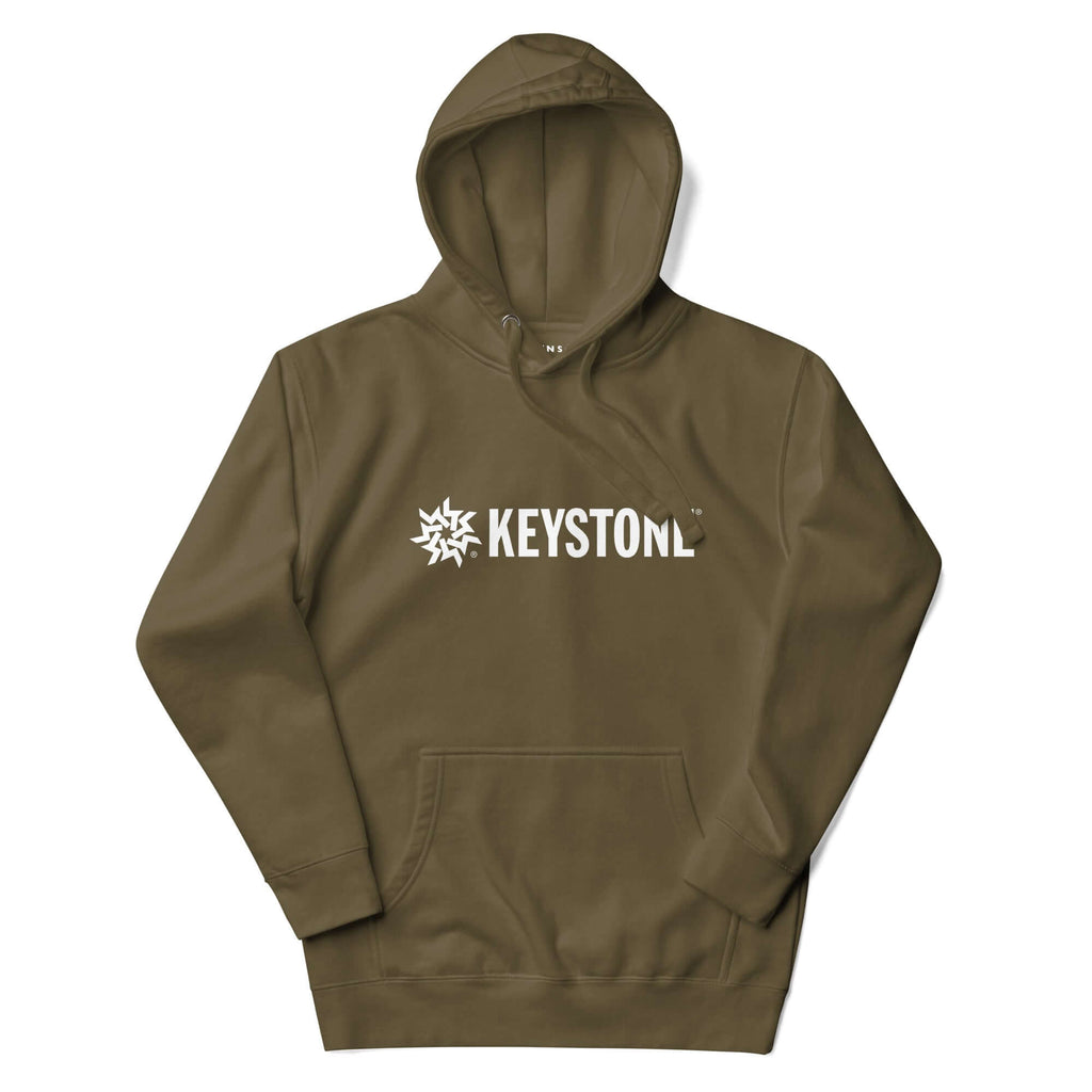 Mtns Co Keystone Hoodie in olive green with white logo, featuring a three-panel hood and front pouch pocket.