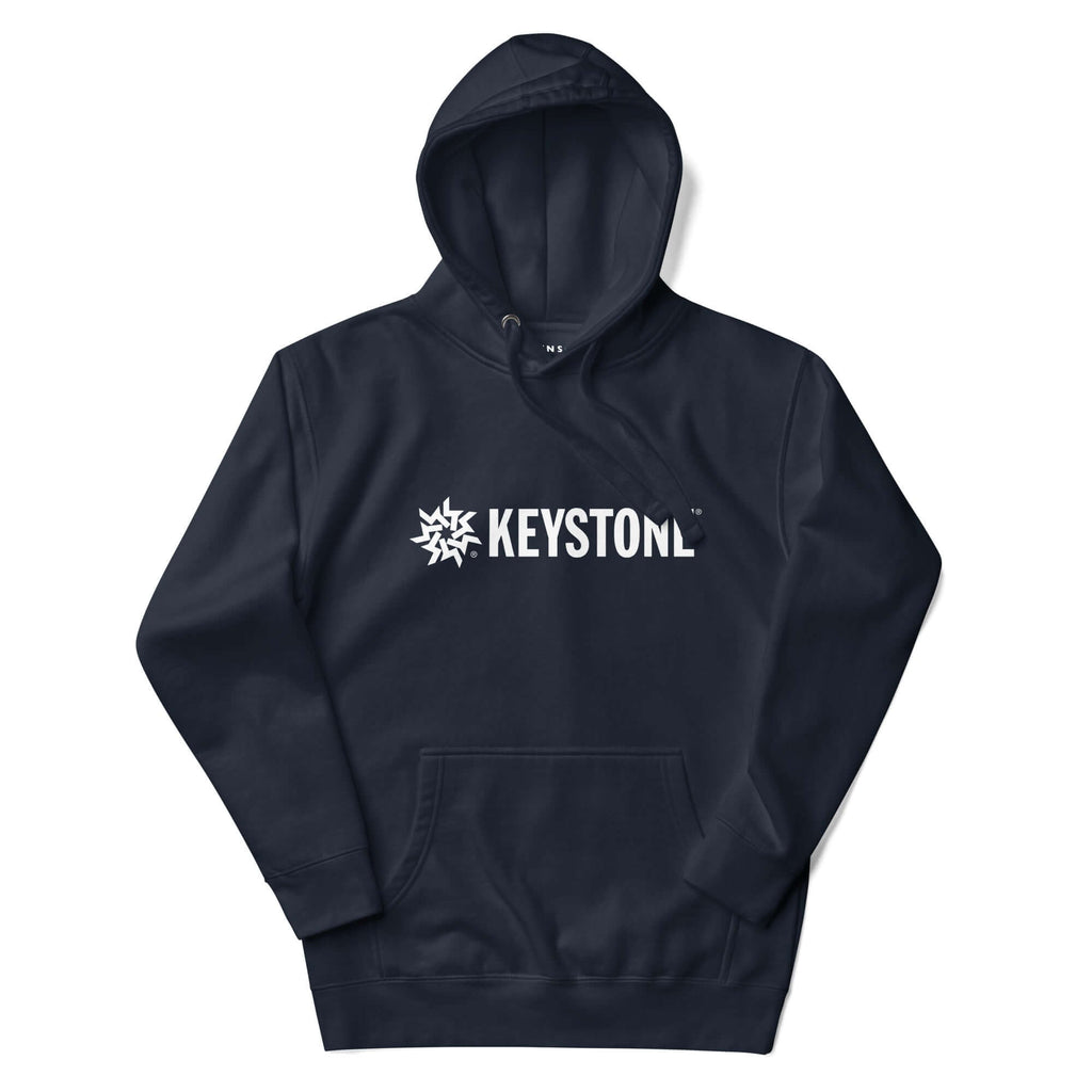 Mtns Co Keystone navy blue pullover hoodie with white Keystone Resort logo, three-panel hood, and front pouch pocket.
