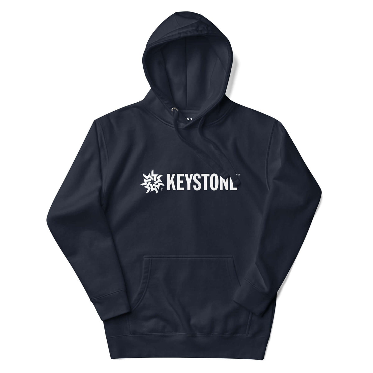 Mtns Co Keystone navy blue pullover hoodie with white Keystone Resort logo, three-panel hood, and front pouch pocket.