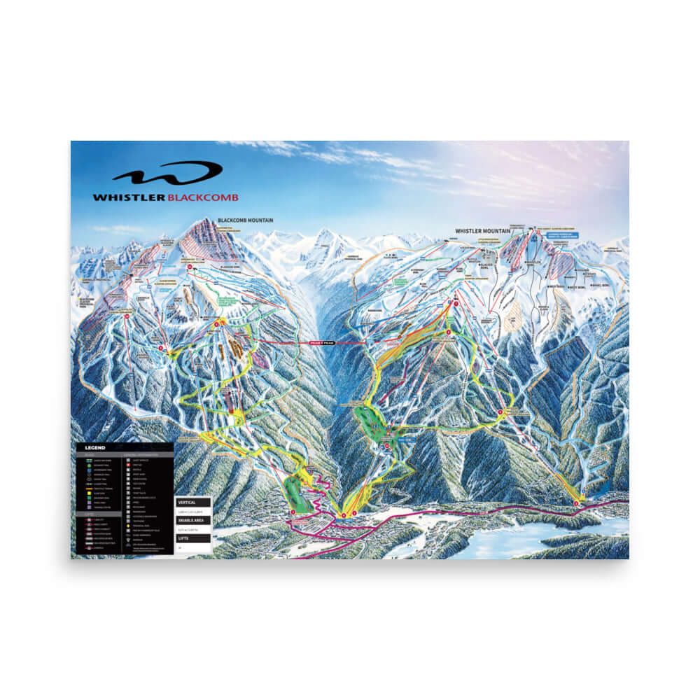 Whistler Blackcomb Ski Resort | Trail Map Poster featuring colorful ski trails and Mtns Co branding.