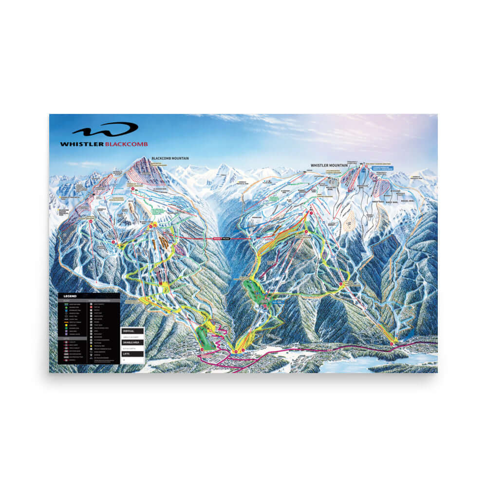 Whistler Blackcomb Ski Resort | Trail Map Poster by Mtns Co, showcasing ski trails and details on high-quality archival paper.