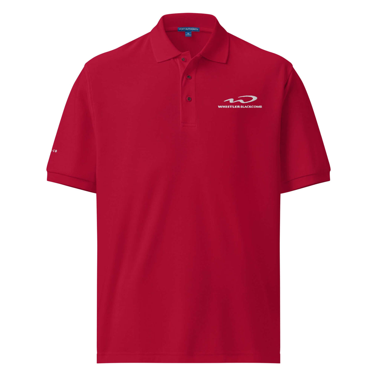 Whistler Blackomb Polo Golf Shirt in red, official licensed ski resort apparel Mtns Co Trail Map Logo.