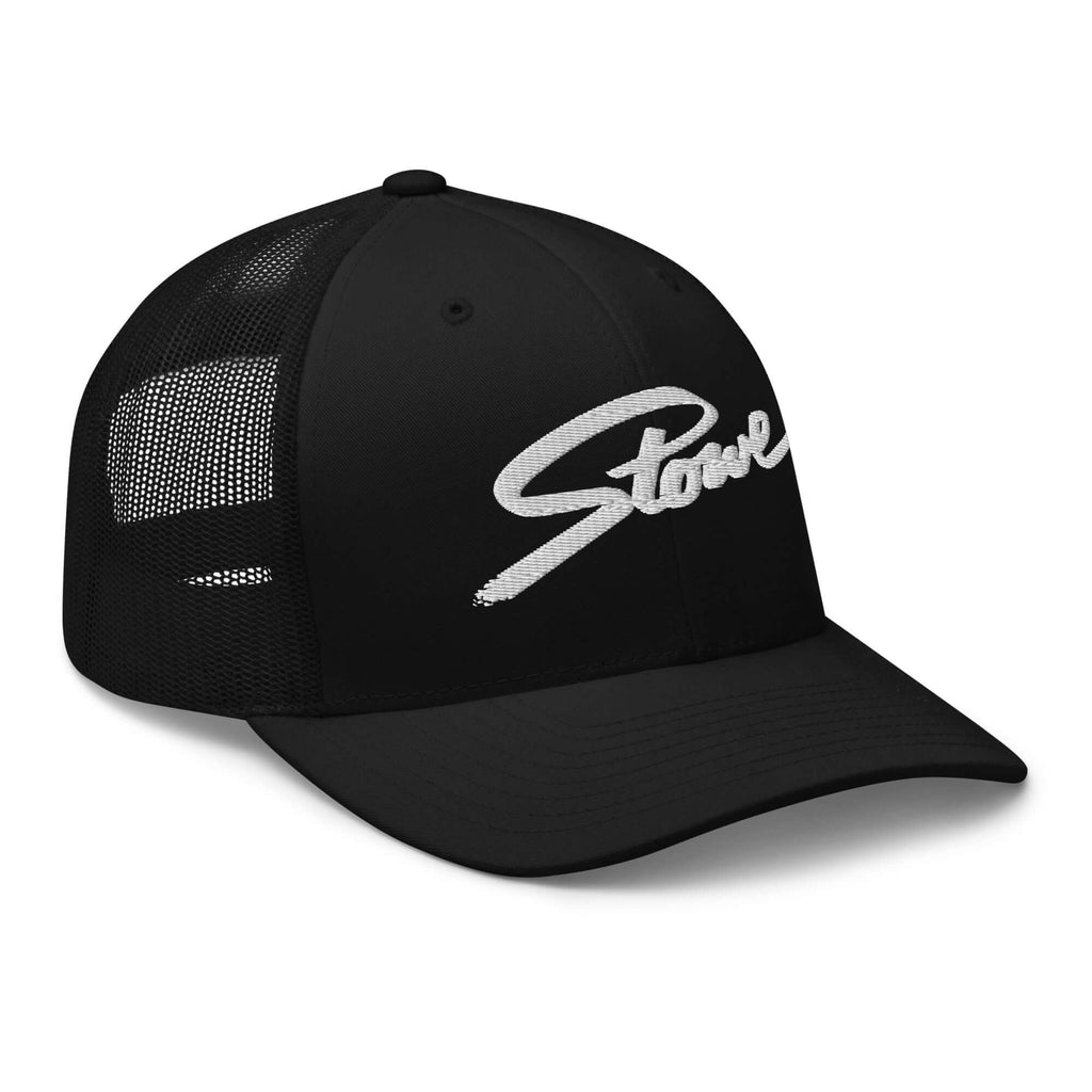 Stowe Trucker Hat by Mtns Co with mesh back, perfect for sunny days and mountain vibes, official licensed ski resort apparel.
