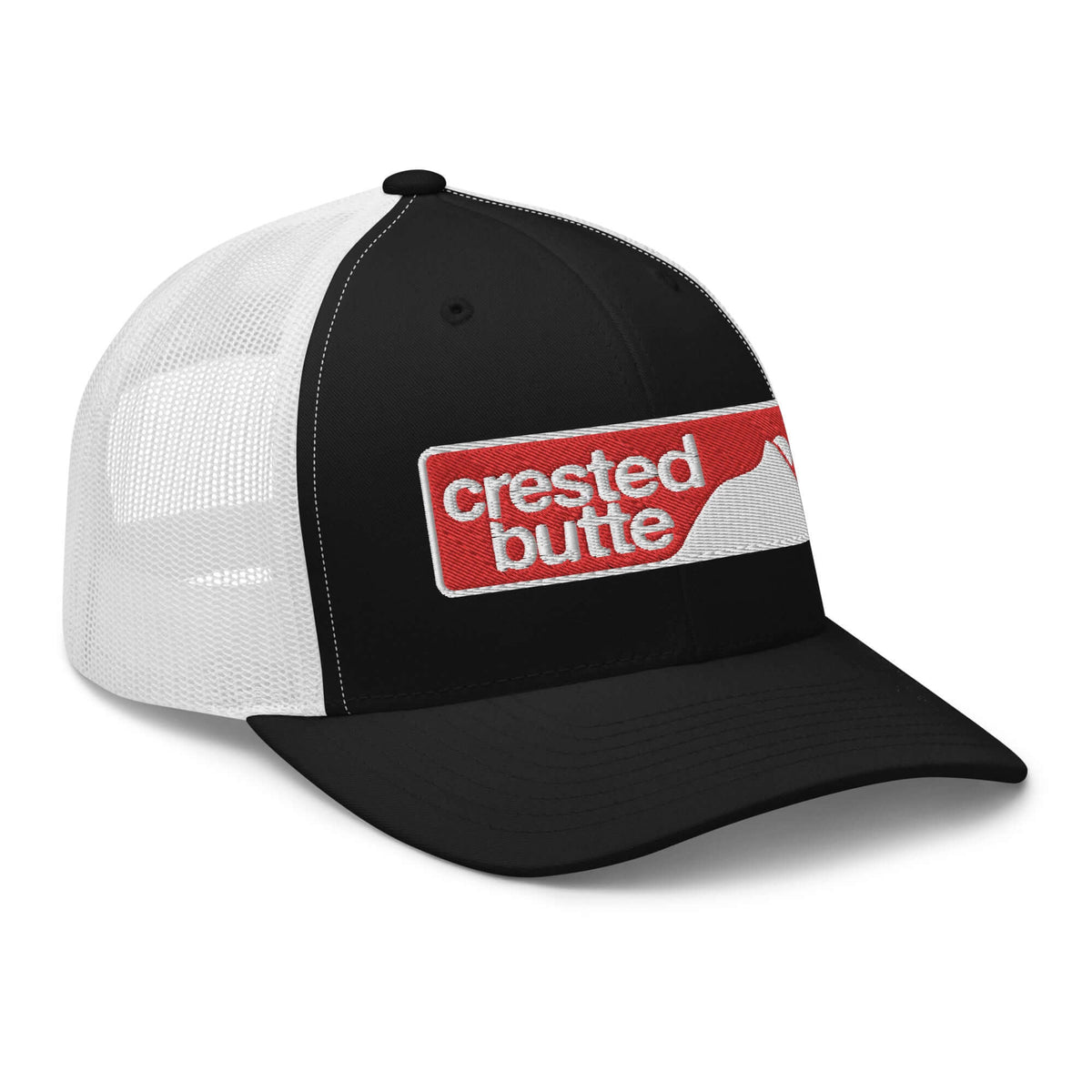 Crested Butte Trucker Hat by Mtns Co with trail map logo, structured design and mesh back for breathability.