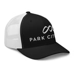 Park City Trucker Hat from Mtns Co, official licensed ski resort apparel with trail map logo, perfect for sunny adventures.
