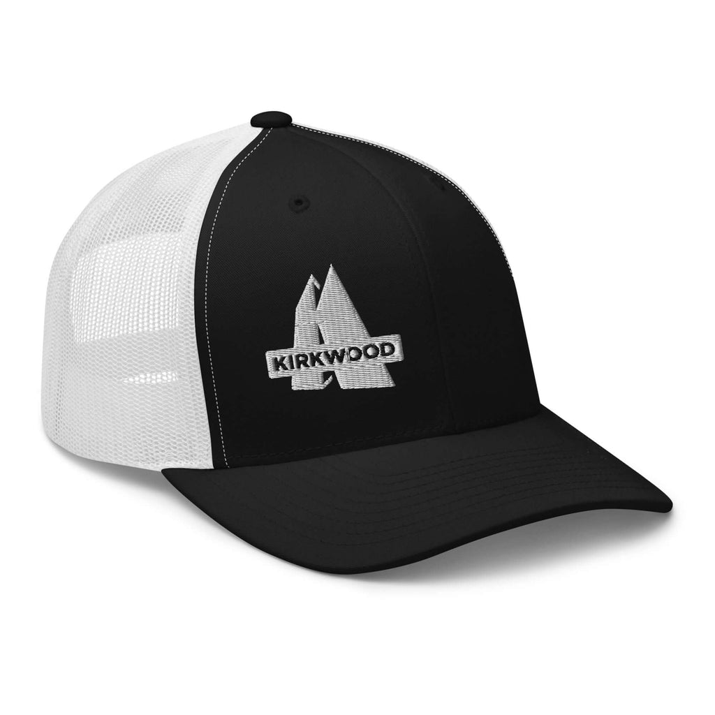 Kirkwood Trucker Hat featuring Mtns Co Trail Map Logo in structured design, perfect for sunny outdoor adventures.