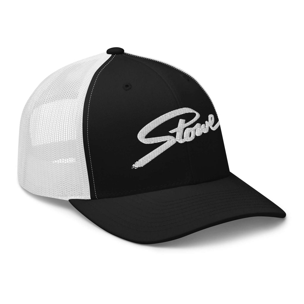Stowe Trucker Hat from Mtns Co, official licensed ski resort apparel with trail map logo. Stylish and breathable design.