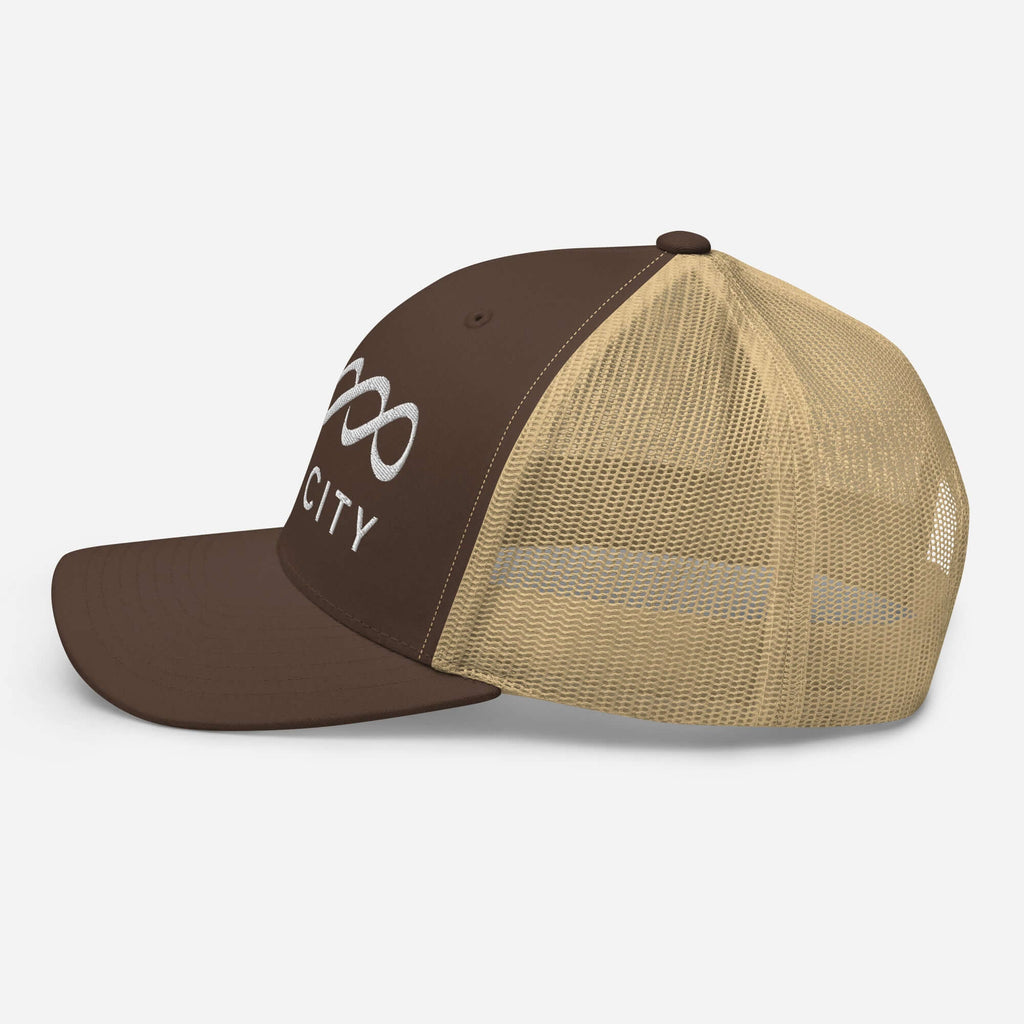 Park City Trucker Hat from Mtns Co, official licensed ski resort apparel with a classic design and breathable mesh back.