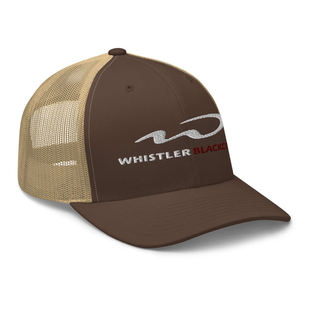 Whistler Blackcomb Trucker Hat by Mtns Co, official licensed ski resort apparel with trail map logo, perfect for sunny days.