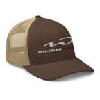 Whistler Blackcomb Trucker Hat by Mtns Co, official licensed ski resort apparel with trail map logo, perfect for sunny days.