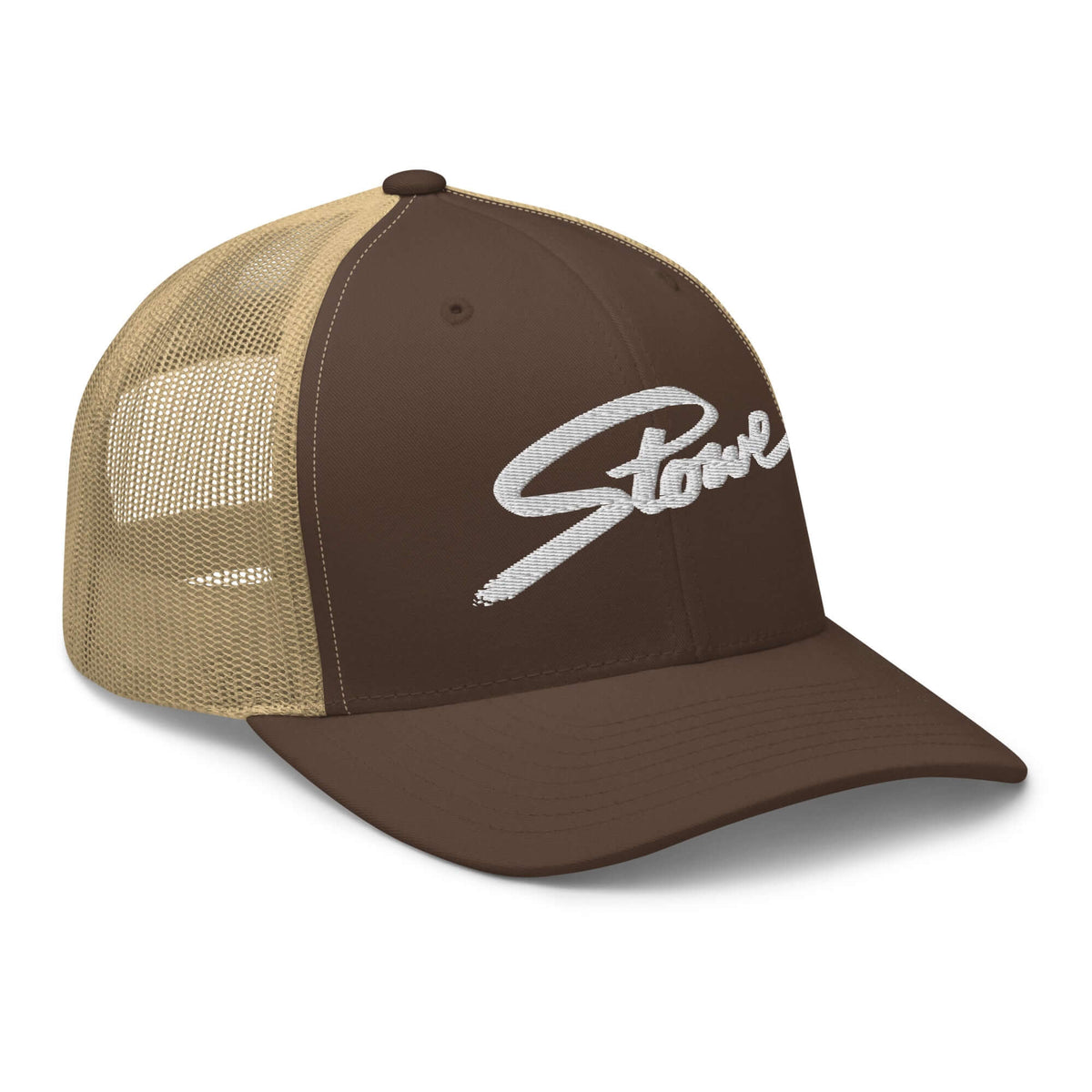 Stowe Trucker Hat by Mtns Co, official licensed ski resort apparel with Trail Map Logo, perfect for sunny outdoor adventures.