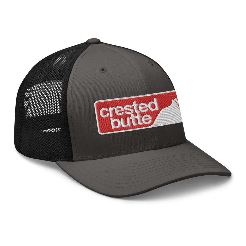 Crested Butte Trucker Hat by Mtns Co, official licensed ski resort apparel with trail map logo, perfect for sunny mountain adventures.