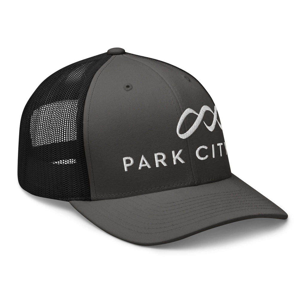 Park City Trucker Hat by Mtns Co, official licensed ski resort apparel with breathable mesh and trail map logo.
