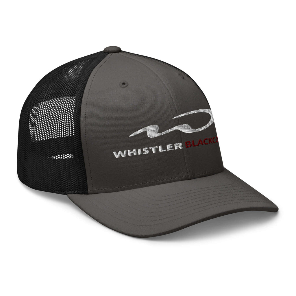 Whistler Blackcomb Trucker Hat by Mtns Co, official licensed ski resort apparel featuring trail map logo and structured design.