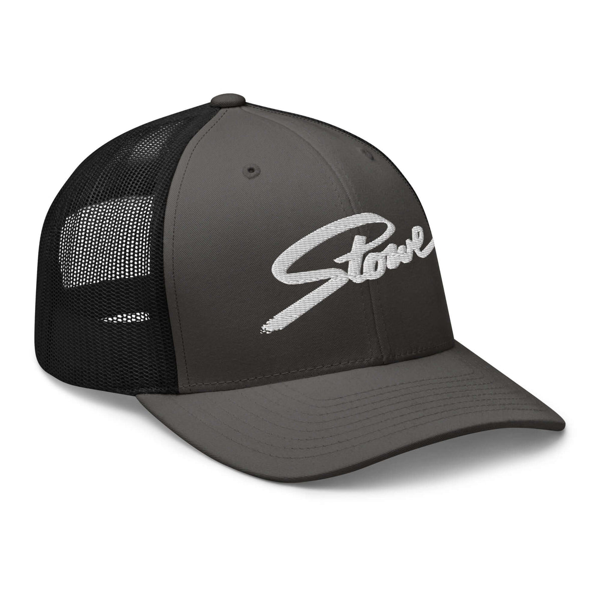 Stowe Trucker Hat by Mtns Co with mesh back for breathability, featuring the official ski resort trail map logo.