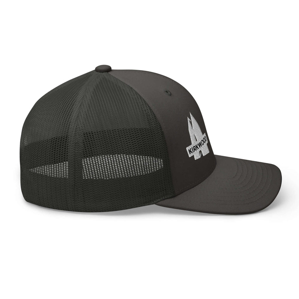 Kirkwood Trucker Hat with mesh back, official licensed ski resort apparel by Mtns Co, featuring Trail Map Logo.