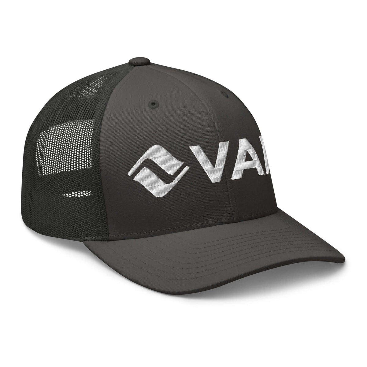 Vail Trucker Hat from Mtns Co, official licensed ski resort apparel with trail map logo, stylish and breathable for outdoor adventures.