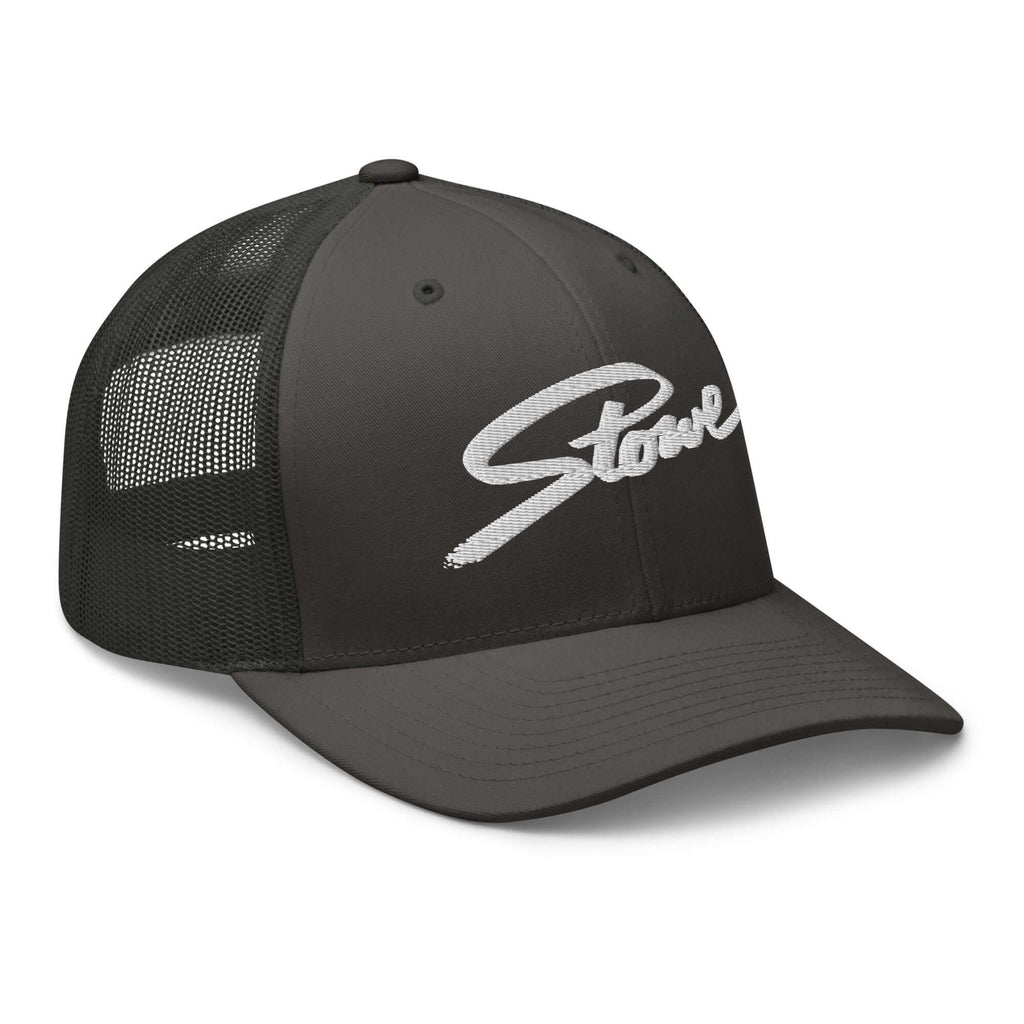 Stowe Trucker Hat by Mtns Co, official licensed ski resort apparel with trail map logo, perfect for sunny days.