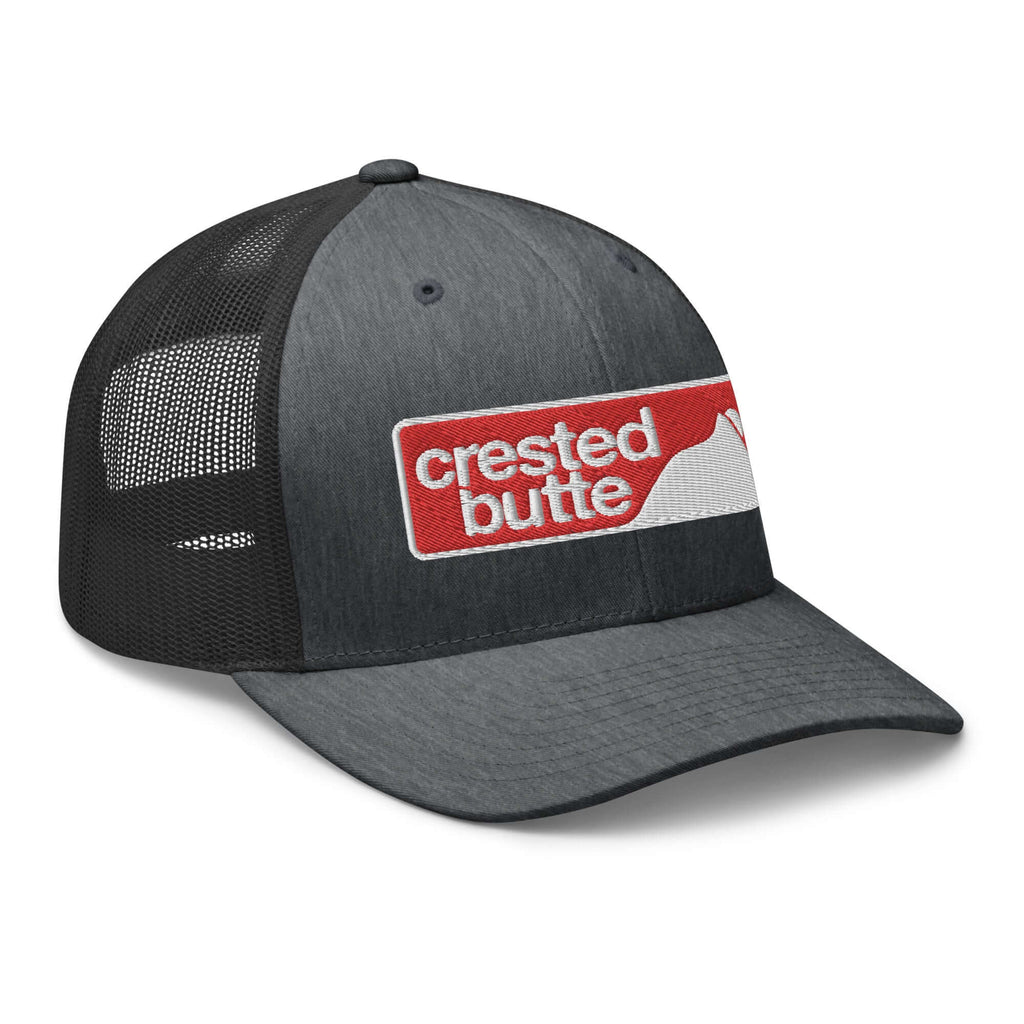 Crested Butte Trucker Hat by Mtns Co, official licensed ski resort apparel with breathable mesh and trail map logo.