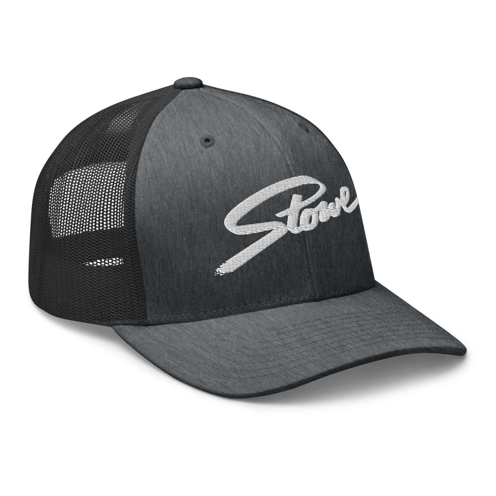 Stowe Trucker Hat by Mtns Co, official licensed ski resort apparel with breathable mesh for warm weather adventure.