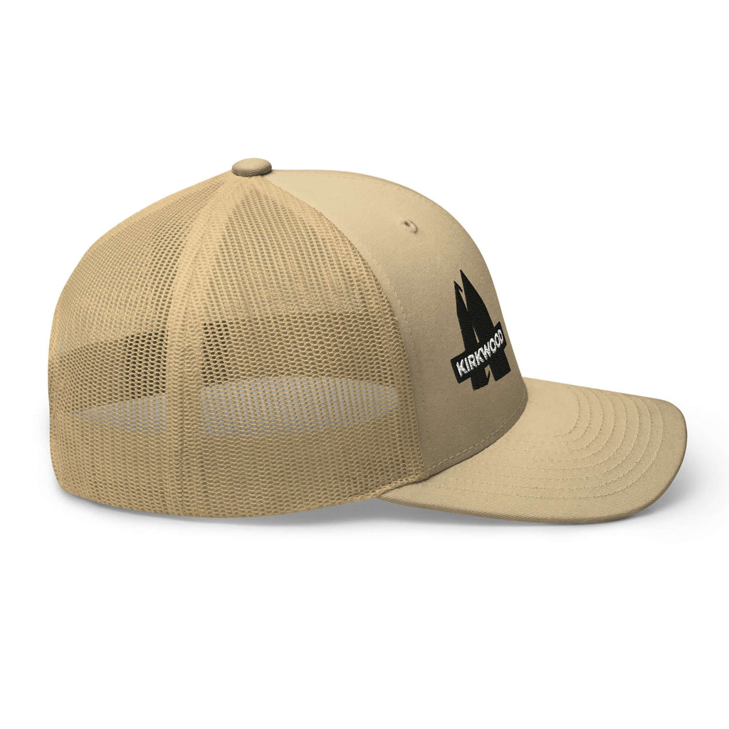 Kirkwood Trucker Hat in beige with mesh back, Official licensed ski resort apparel Mtns Co Trail Map Logo.