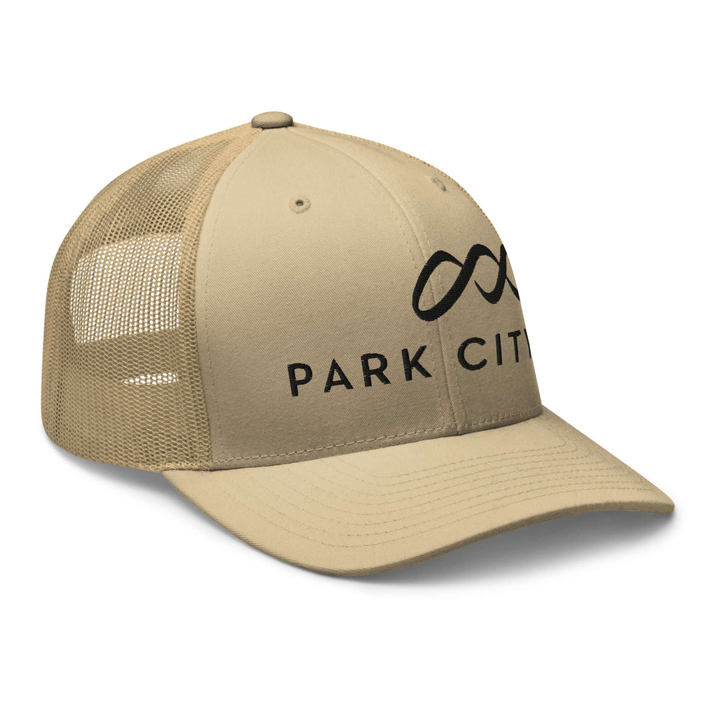 Park City Trucker Hat by Mtns Co, official licensed ski resort apparel with trail map logo, breathable mesh back for warm days.