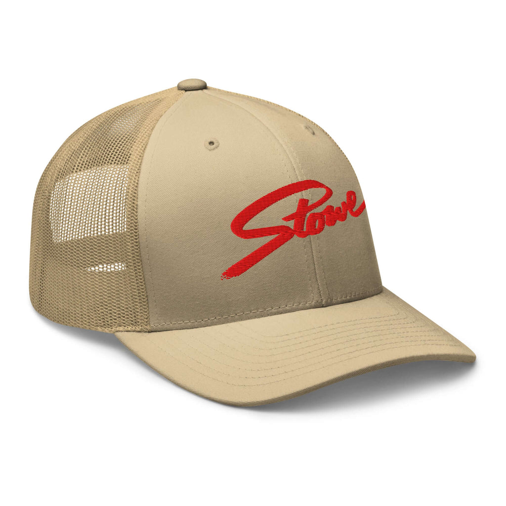 Stowe Trucker Hat by Mtns Co, official licensed ski resort apparel with trail map logo, perfect for sunny adventures.