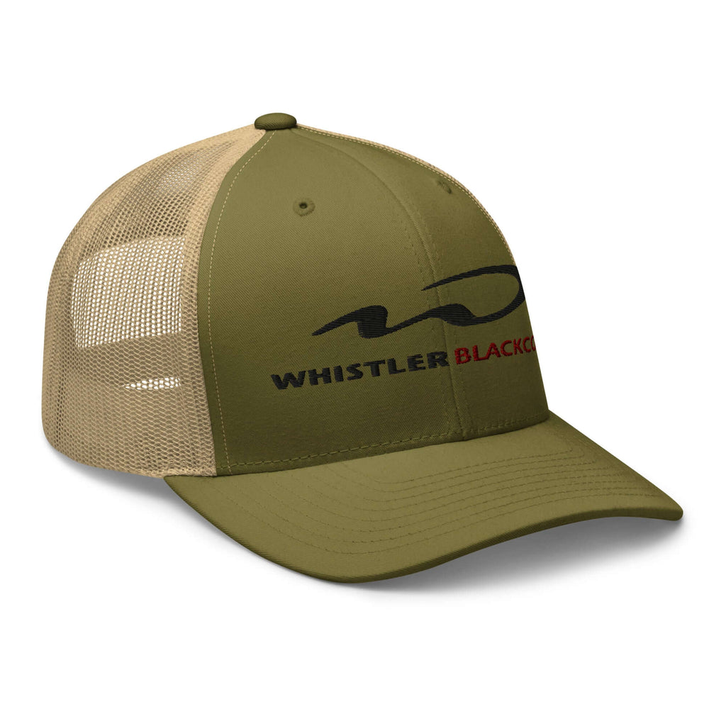 Whistler Blackcomb Trucker Hat by Mtns Co, breathable mesh back, adjustable fit, official licensed ski resort apparel.