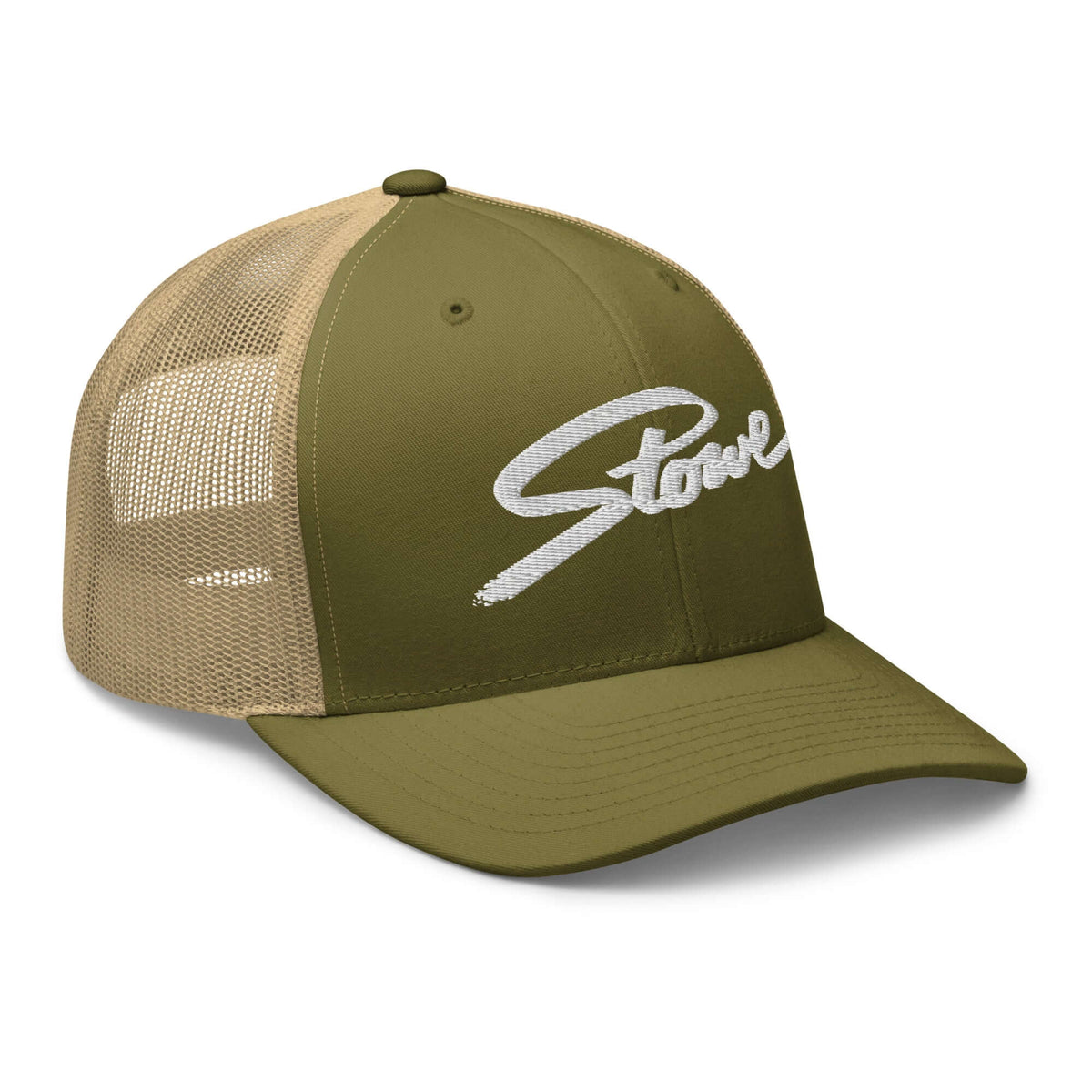 Stowe Trucker Hat by Mtns Co, official licensed ski resort apparel with trail map logo, perfect for sunny adventures.