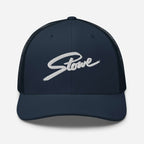 Stowe Trucker Hat featuring mesh back for breathability, official licensed ski resort apparel by Mtns Co.