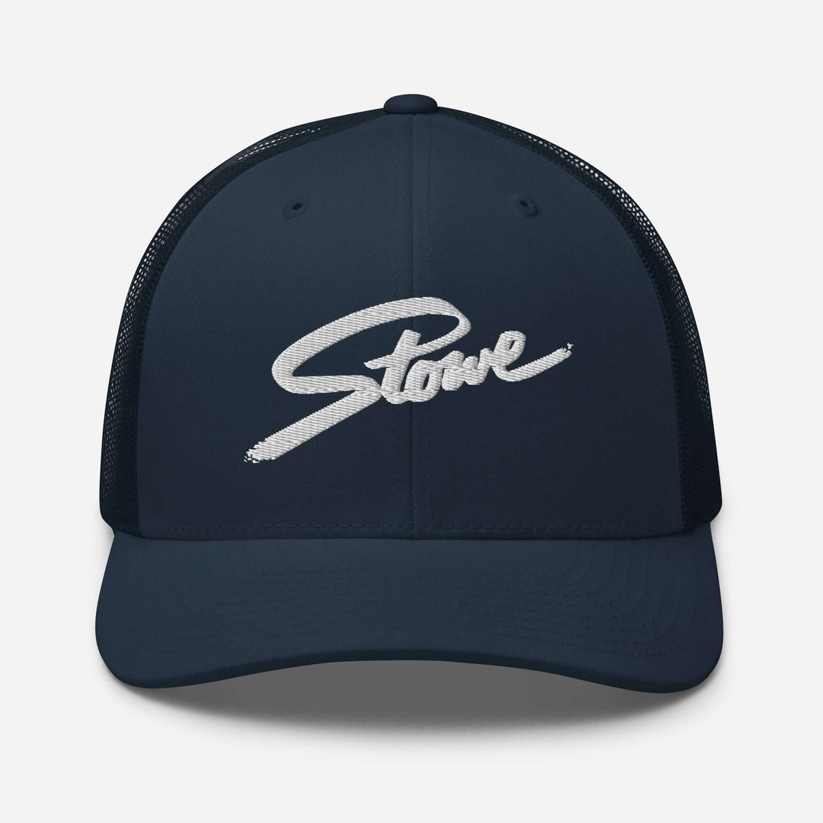 Stowe Trucker Hat featuring mesh back for breathability, official licensed ski resort apparel by Mtns Co.