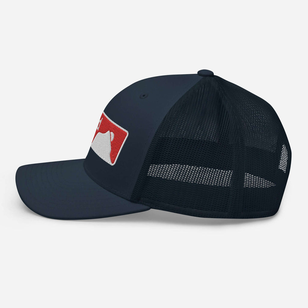 Crested Butte Trucker Hat, mesh back for breathability, Mtns Co Trail Map Logo, official licensed ski resort apparel.