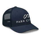 Park City Trucker Hat from Mtns Co, official licensed ski resort apparel featuring trail map logo and breathable mesh back.
