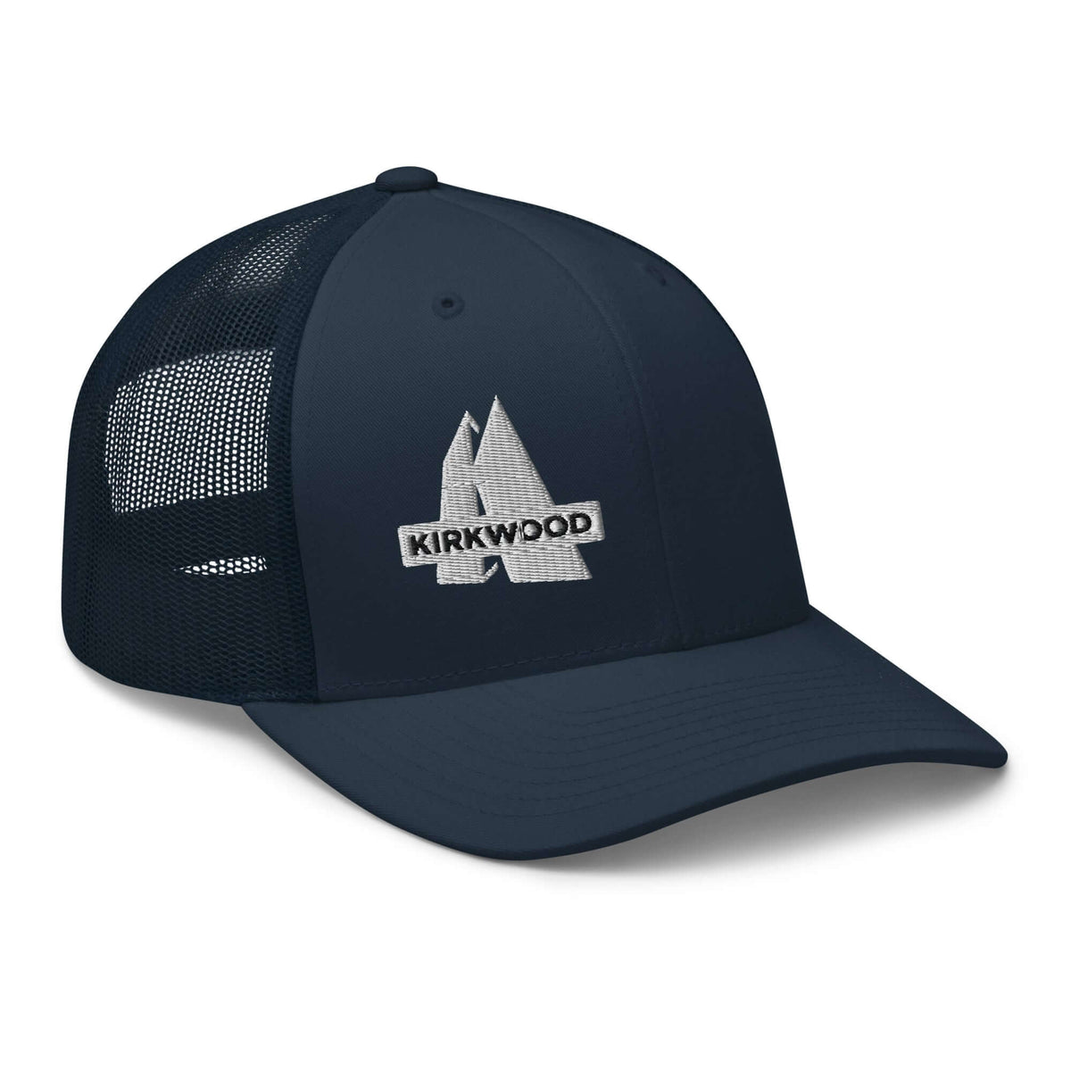 Kirkwood Trucker Hat featuring Mtns Co Trail Map Logo, official licensed ski resort apparel for adventure-ready style.