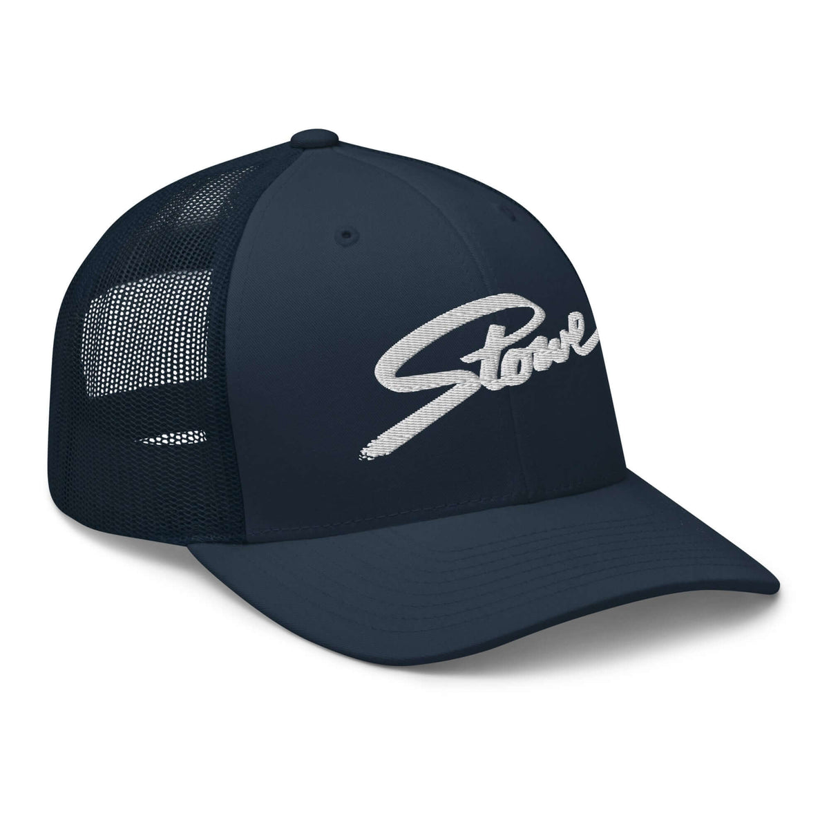 Stylish Stowe Trucker Hat by Mtns Co, official licensed ski resort apparel with a breathable mesh back.
