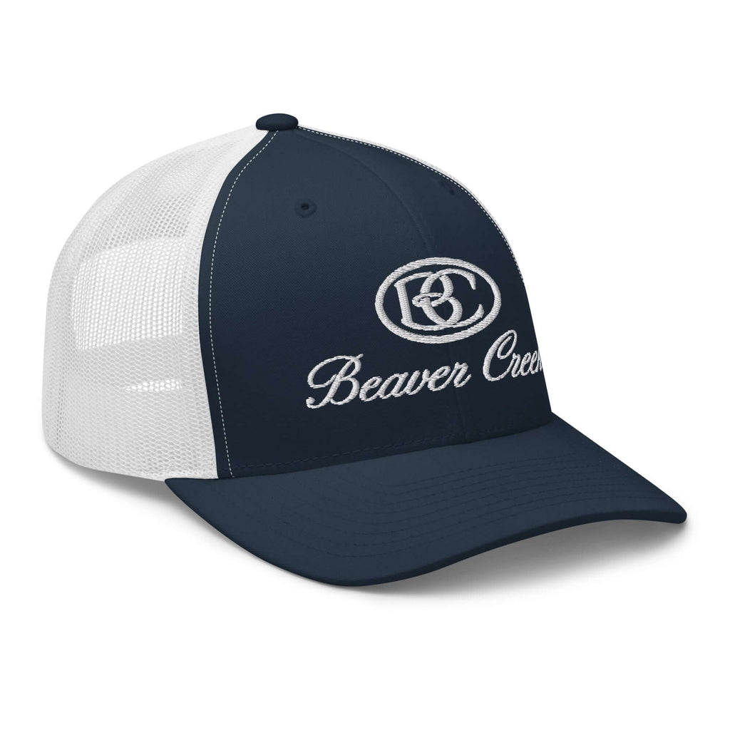 Beaver Creek Trucker Hat by Mtns Co, official licensed ski resort apparel featuring the Beaver Creek trail map logo.