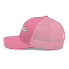 Stowe Trucker Hat in pink, featuring mesh back for breathability, Official licensed ski resort apparel Mtns Co Trail Map Logo.