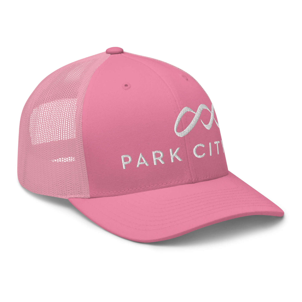 Park City Trucker Hat by Mtns Co, official licensed ski resort apparel with a stylish pink design and mesh back for breathability.