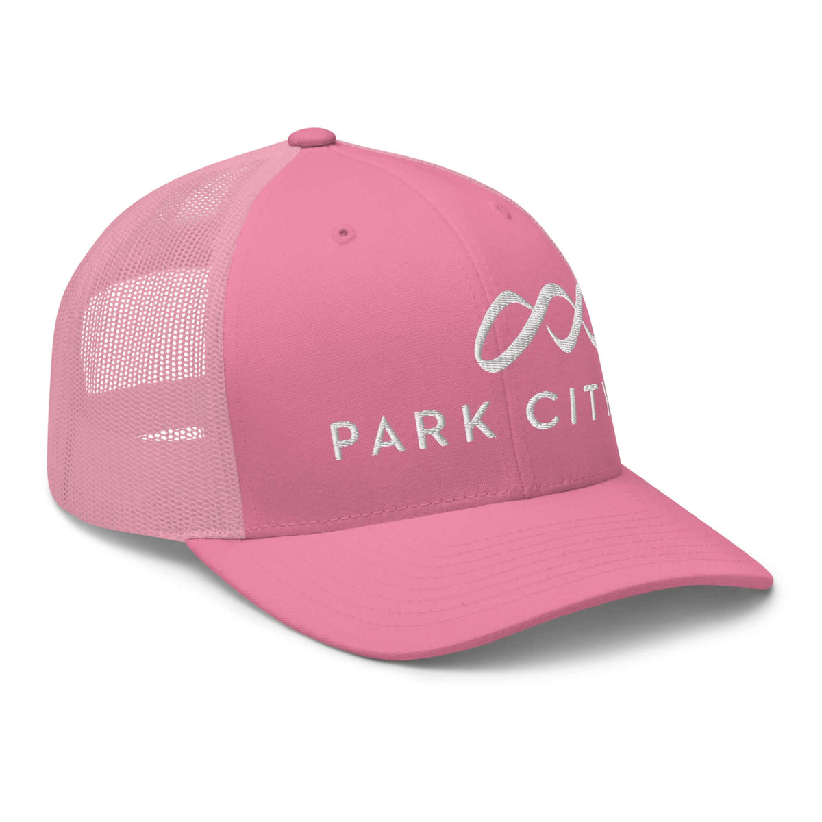 Park City Trucker Hat by Mtns Co, official licensed ski resort apparel with a stylish pink design and mesh back for breathability.