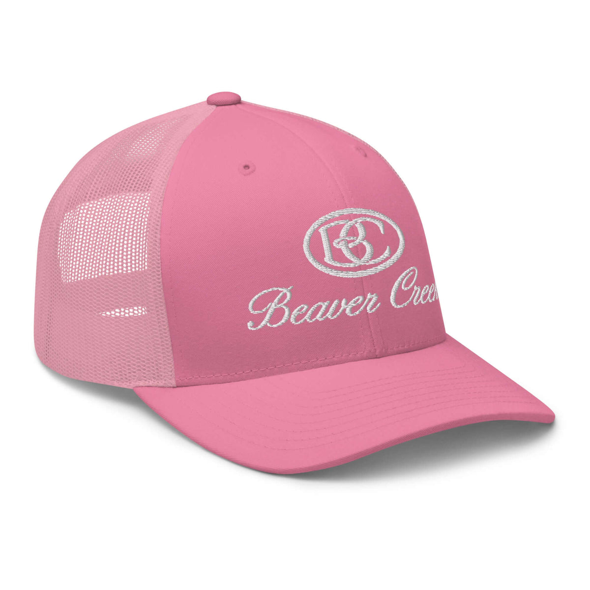 Beaver Creek Trucker Hat in pink with Mtns Co logo, official licensed ski resort apparel for stylish mountain adventures.