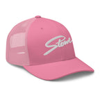 Stowe Trucker Hat in pink by Mtns Co, official licensed ski resort apparel with ventilated mesh back for summer style.