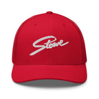 Stowe Trucker Hat by Mtns Co in red, official licensed ski resort apparel with trail map logo.
