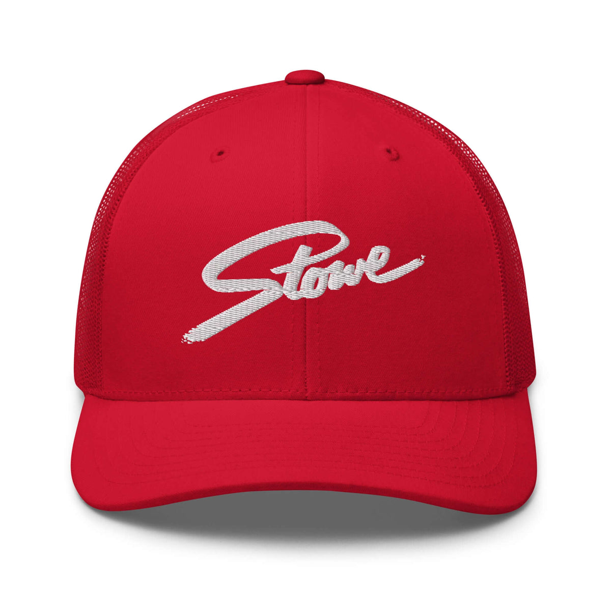 Stowe Trucker Hat by Mtns Co in red, official licensed ski resort apparel with trail map logo.